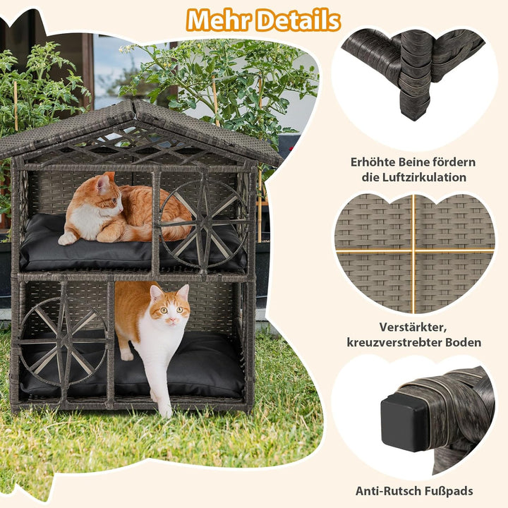 COSTWAY Katzenhaus Rattan, Katzenhütte Outdoor, mit Asphaltdach, abnehmbaren Kissens, Fenstern, Hund