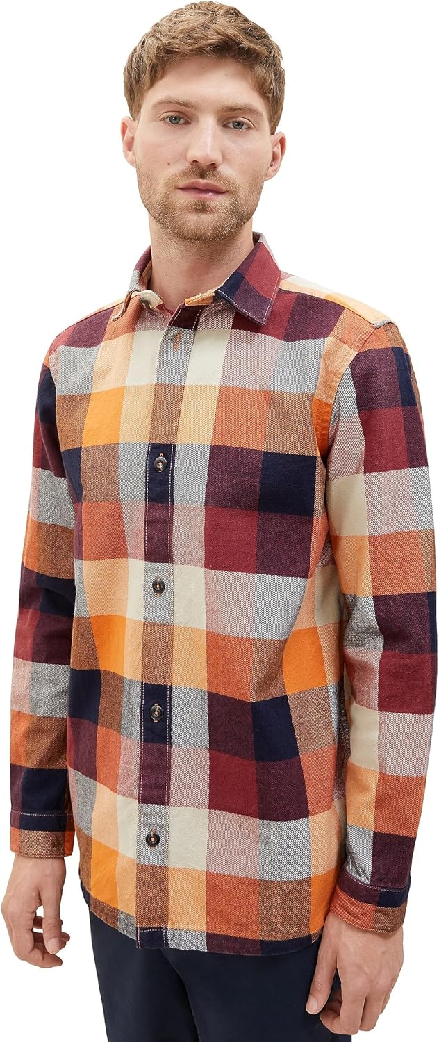 TOM TAILOR Herren Overshirt Hemd mit grossem Karo-Muster aus Baumwolle, 32310 - Orange Colorful Bloc