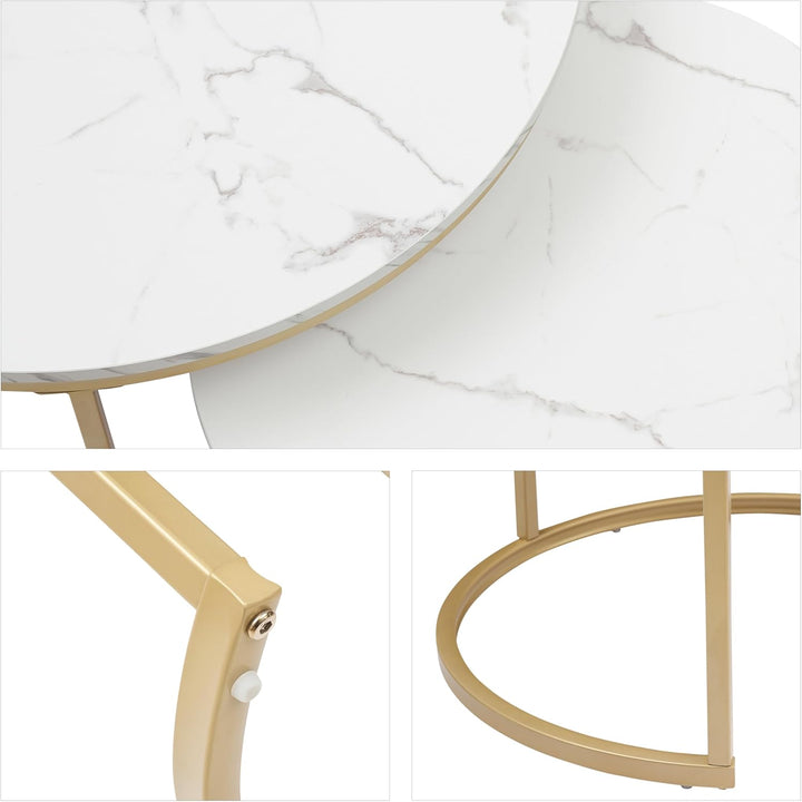 Marmor Couchtisch Gold, Couchtisch 2er Set mit 1 Grosser Couchtisch Rund und 1 Kleiner Tisch, Beiste