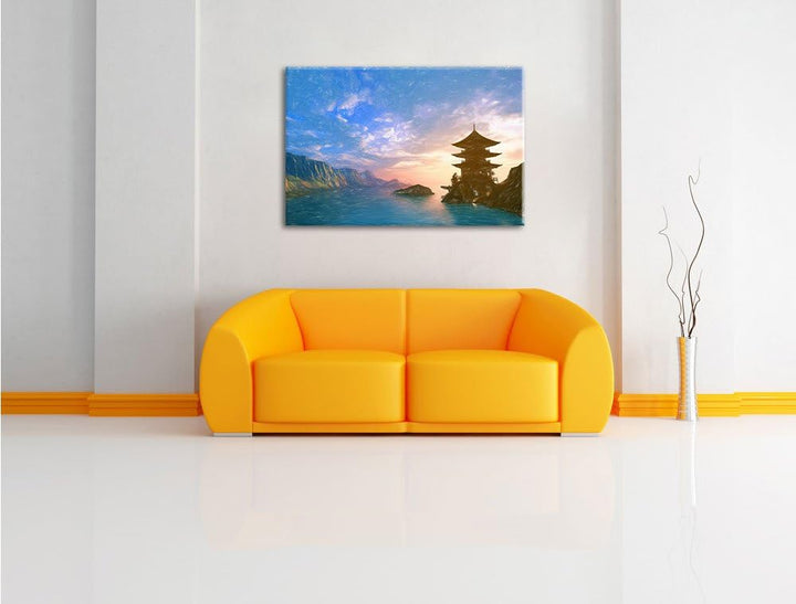 Pixxprint Bezaubernder Tempel in grossem Tal Kunst Buntstift Effekt, Format: 100x70 auf Leinwand, 10