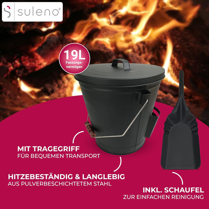 SULENO - Ascheeimer BOSTON mit Deckel 35x32cm 19 Liter, inkl. Schaufel, Stahl schwarz, Kohleeimer mi