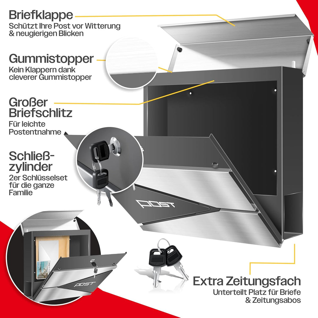 KESSER® Briefkasten mit Zeitungsfach Wandmontage Wandbriefkasten Edelstahl, 2X Schlüssel abschliessb