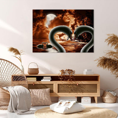 Bilder auf Leinwand 100x70cm Leinwandbild mit Rahmen Schwäne Nacht Liebe Gross Wanddeko Bild Schlafz