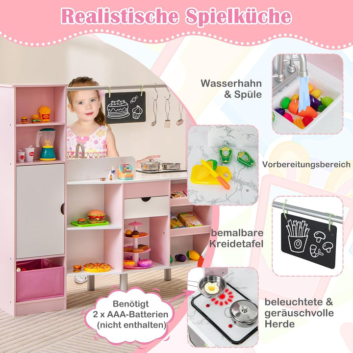COSTWAY 2 in 1 Kinderküche &amp; Kaufladen, Spielküche mit Licht und Sound, interaktiver Eismacher &amp; Taf