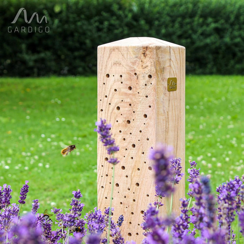 GARDIGO® Insektenhotel für Wildbienen | Unikat Bienenhotel Stamm ca 70 cm aus massivem Eichenholz |