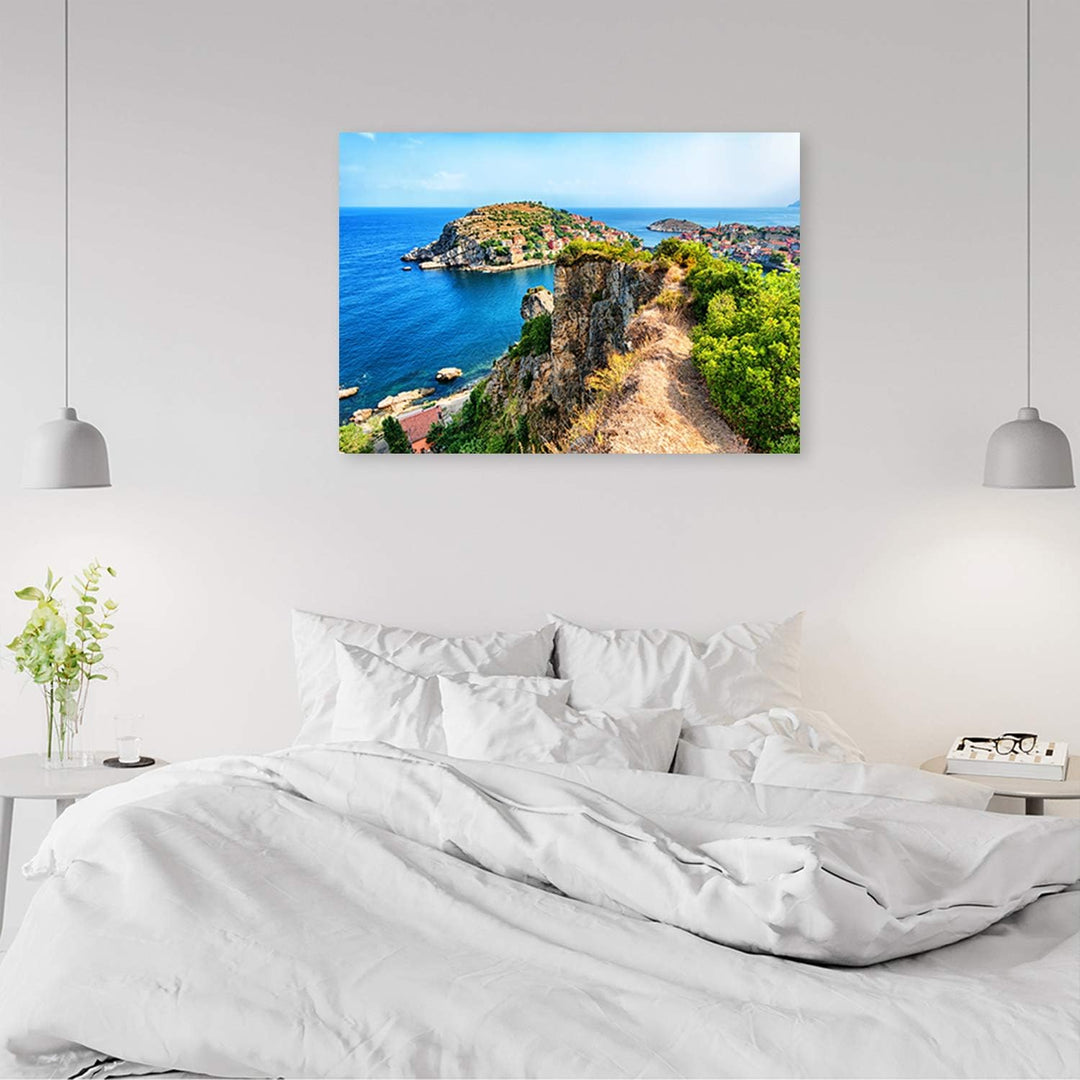 Wanddeko Stadt am Meer Kunst modern Bilder Landschaft Blau 100x70 cm