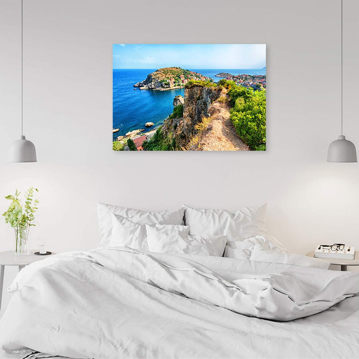 Wanddeko Stadt am Meer Kunst modern Bilder Landschaft Blau 100x70 cm