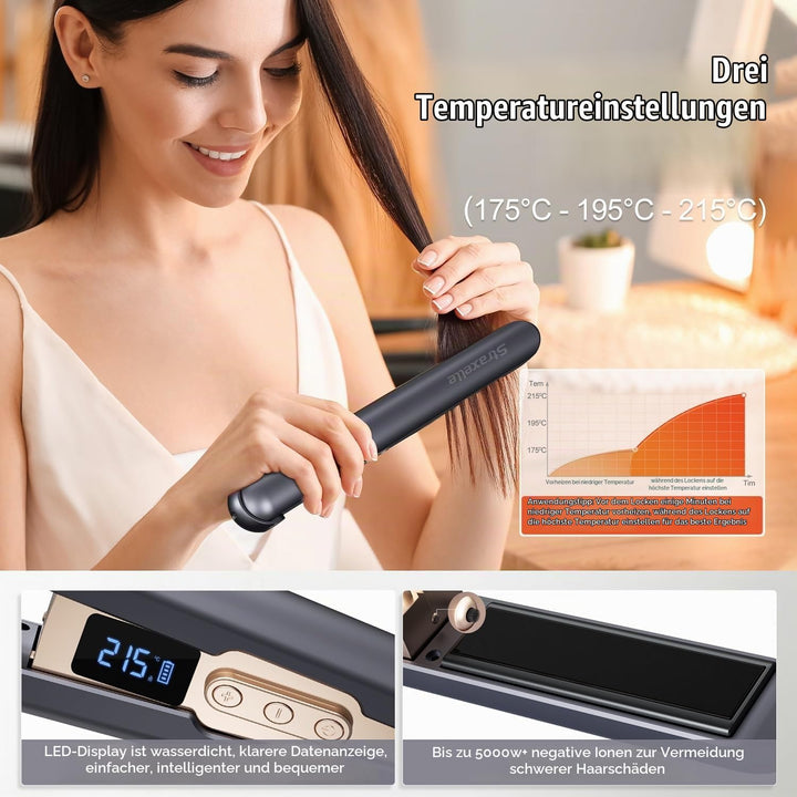 Glätteisen Kabellos und Lockenstab 2 in 1, 175°C-215°C Cordless Hair Straightener mit LED-Anzeige, H