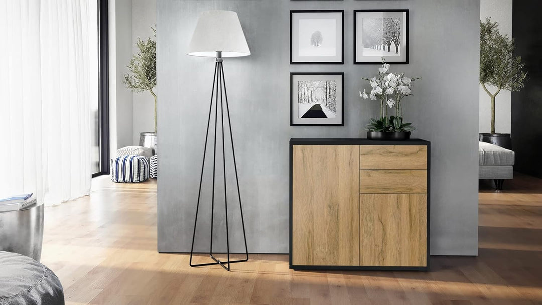Vladon Sideboard Ben, Kommode mit 2 Türen und 2 Schubladen, Schwarz matt/Eiche Natur (79 x 74 x 36 c