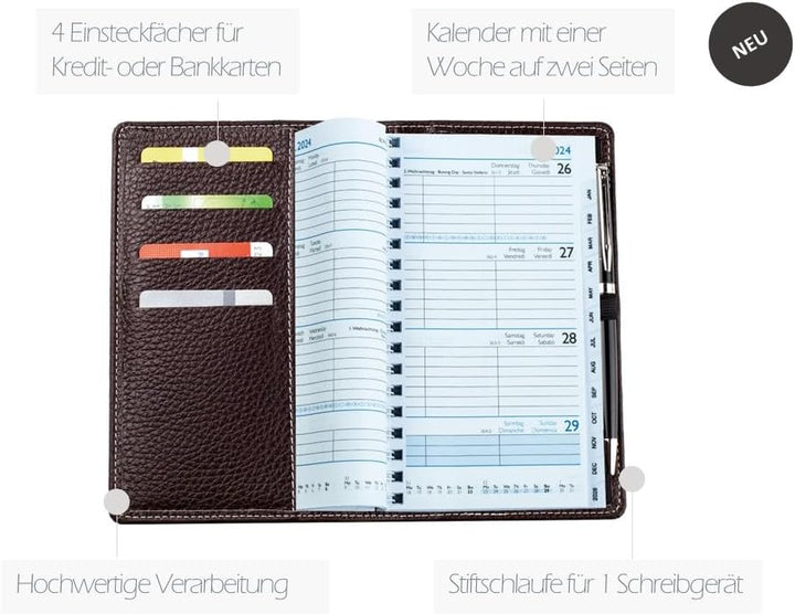 DELMON VARONE - Personalisierbarer Taschenkalender 2025 Soft Grain Leder braun - Organizer Wochenpla