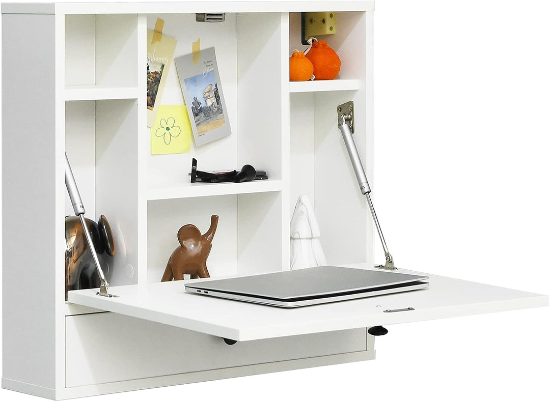 GYMAX Hängeschrank, Wandschrank mit klappbarer Tür, Wandtisch, Klapptisch mit Ablagen & Schublade, W