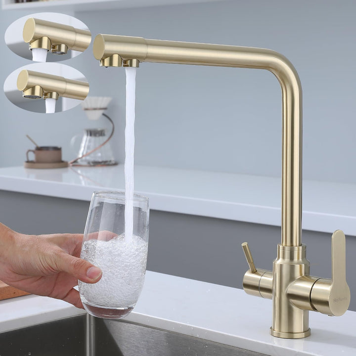 SkyPanda 3 Wege Küchenarmatur, Gold Trinkwasser Küchenarmatur mit Doppelhebel, Durchdringung 3-in-1,