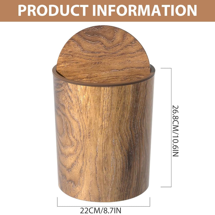 Retro-Mülleimer, Holzmaserung, kleiner Mülleimer mit Schwingdeckel, runder, wiederverwendbarer Abfal