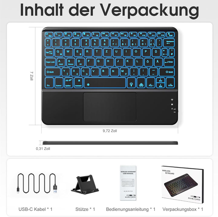 Vobafe Bluetooth Tastatur mit Touchpad, Kabellose 7-farbiges Backlight QWERTZ Tablet Keyboard, Trale