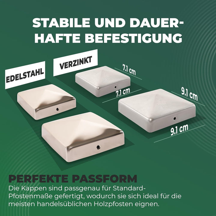 Novatool 10er-Set Pfostenkappen 71x71mm verzinkt mit Schrauben, Pfostenabdeckung Pfostenkappe 7,1cm