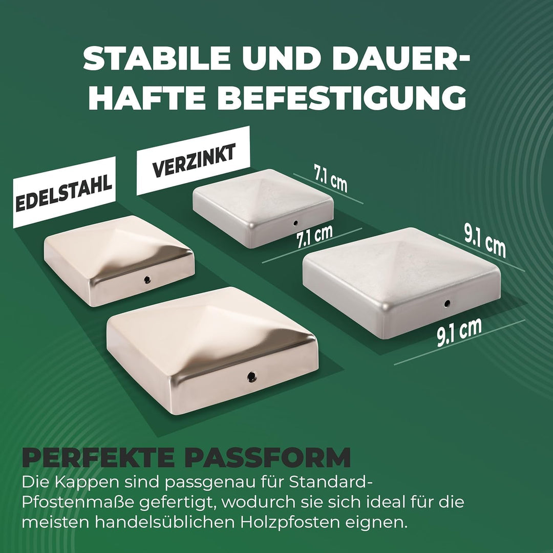 Novatool 10er-Set Pfostenkappen 91x91mm verzinkt mit Schrauben, Pfostenabdeckung Pfostenkappe 9,1cm
