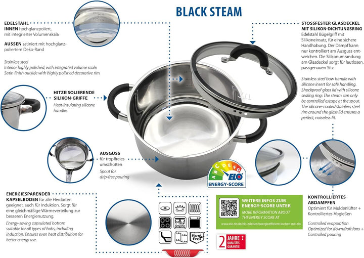 ELO Topfset Basic Black Steam 4tlg, Edelstahl, dosiertes Abdampfen, energiesparender Kapselboden, Vo