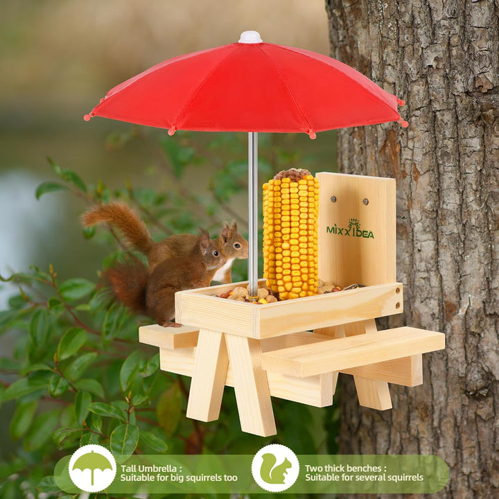 MIXXIDEA Eichhörnchen-Futterstation mit Regenschirm,hölzerner Eichhörnchen-Picknick-Tisch Futterspen
