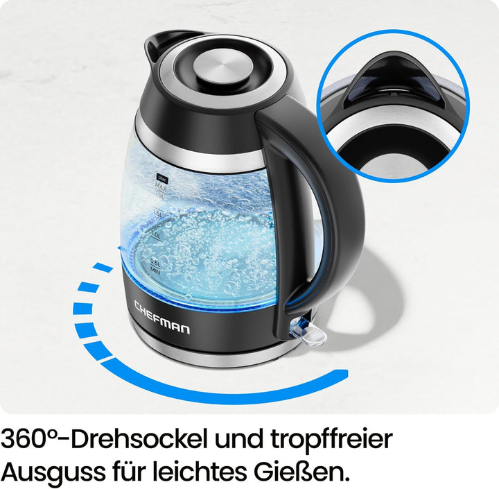 Chefman Elektrischer Wasserkocher, 1.8L 3000W, abnehmbarer Deckel, automatische Abschaltung, Trocken