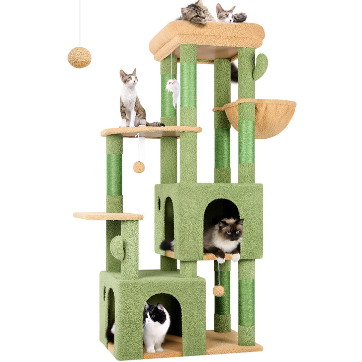 Globlazer Kratzbaum Grün Kaktus für 3-5 Grosse Katzen 156 cm mit 2 Extragross Katzenhaus 45 * 40 * 3
