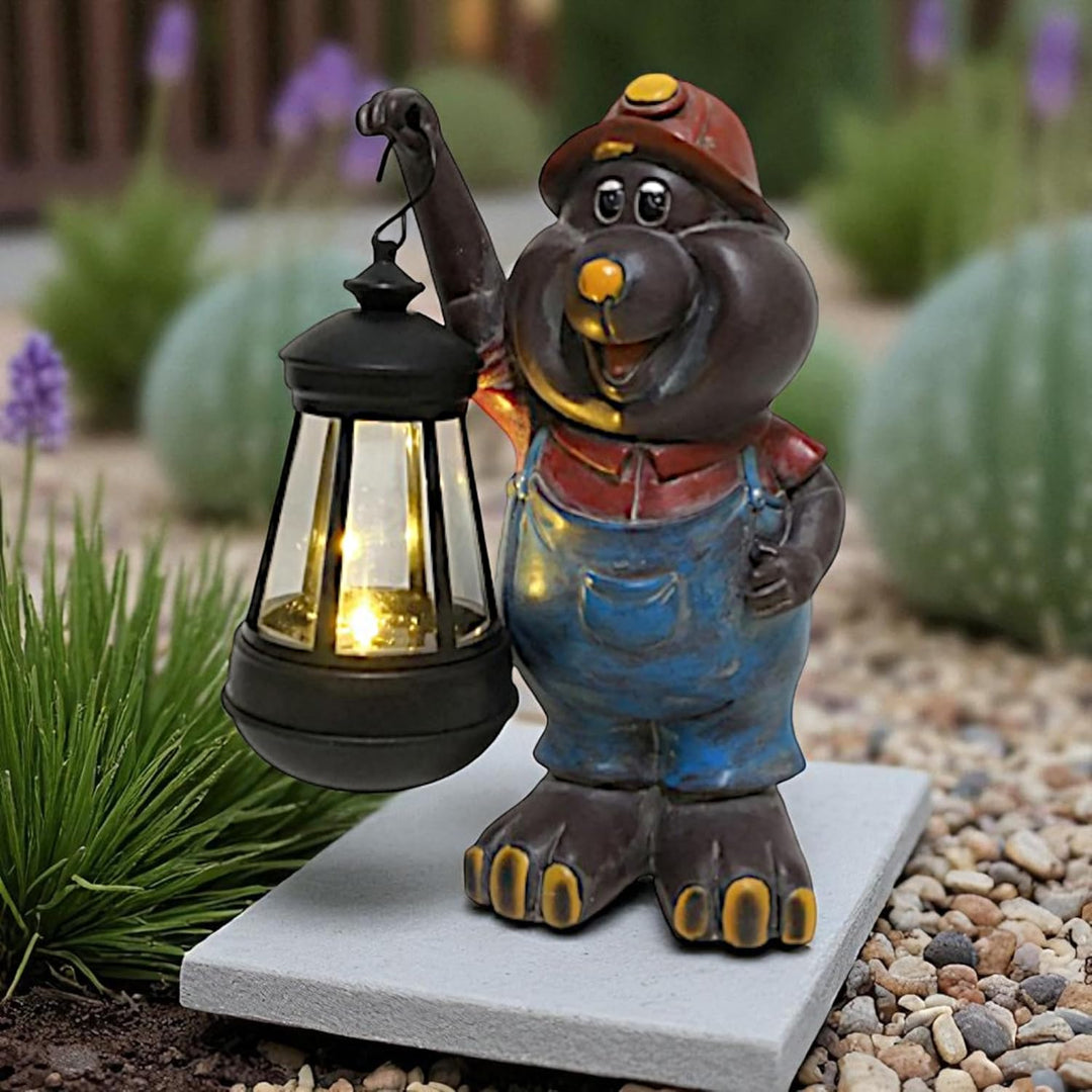 Arnusa Solar Maulwurf Figur mit LED Laterne – 21cm Gartenfigur aus Polyresin – warmweisses Licht – S
