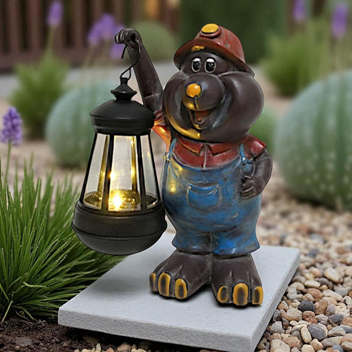 Arnusa Solar Maulwurf Figur mit LED Laterne – 21cm Gartenfigur aus Polyresin – warmweisses Licht – S