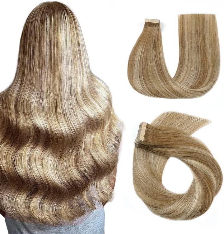 HotLulana Tape in Extensions Echthaar Balayage Hellbraun mit Goldblond(#10/10/22) Extensions Echthaa