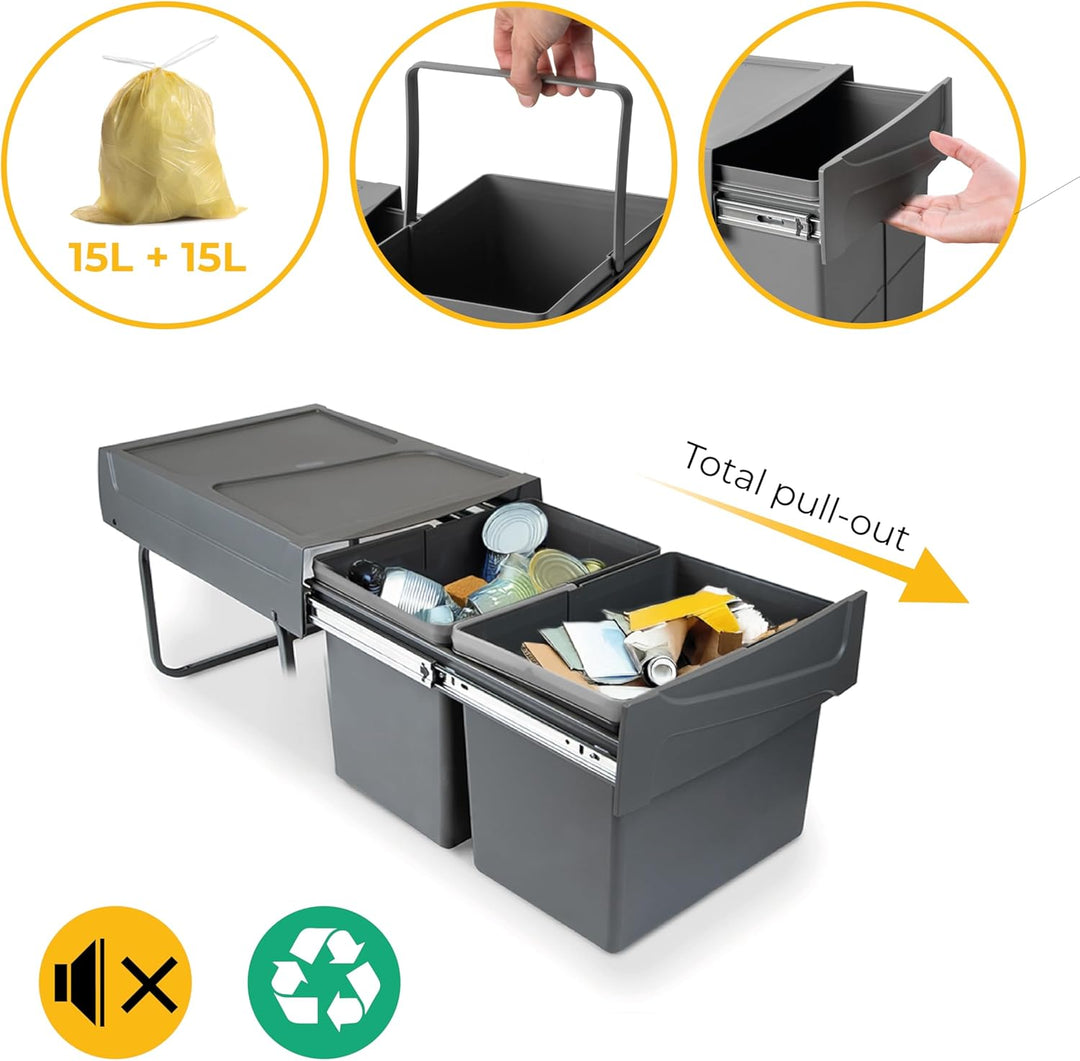Emuca - Küchenabfalleimer mit unterseitiger Befestigung, 2 ausziehbarer 15 L Recycle-Mülleimer, Gesa