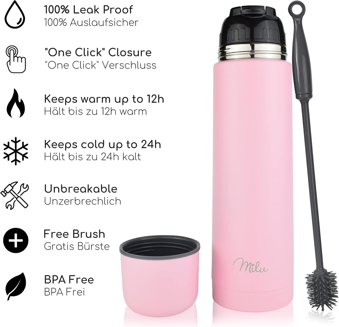 Milu Thermosflasche Thermoskanne Isolierflasche 1L, 750ml, 500ml - Isolierte Edelstahl Trinkflasche,