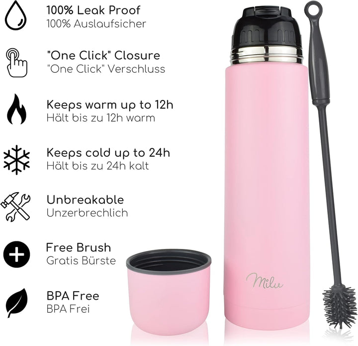 Milu Thermosflasche Thermoskanne Isolierflasche 1L, 750ml, 500ml - Isolierte Edelstahl Trinkflasche,