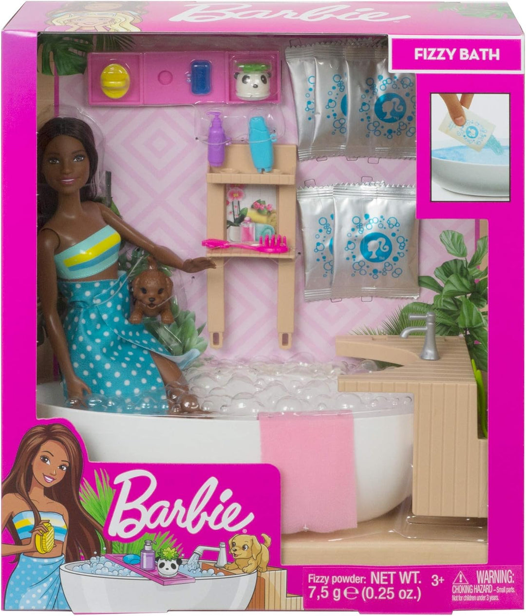 Barbie GJN33 - Wellnesstag Puppe (brünett) und Spielset, mit Badewanne, Hündchen und weiteren Zuebhö