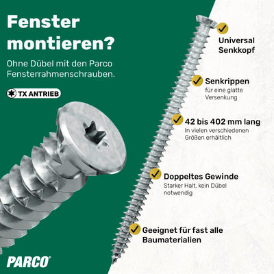 PARCO Fensterrahmenschrauben Universal 7,5x302 mm Senkkopf TX30 100 Stück 7,5 x 302 mm - 100 Stück,
