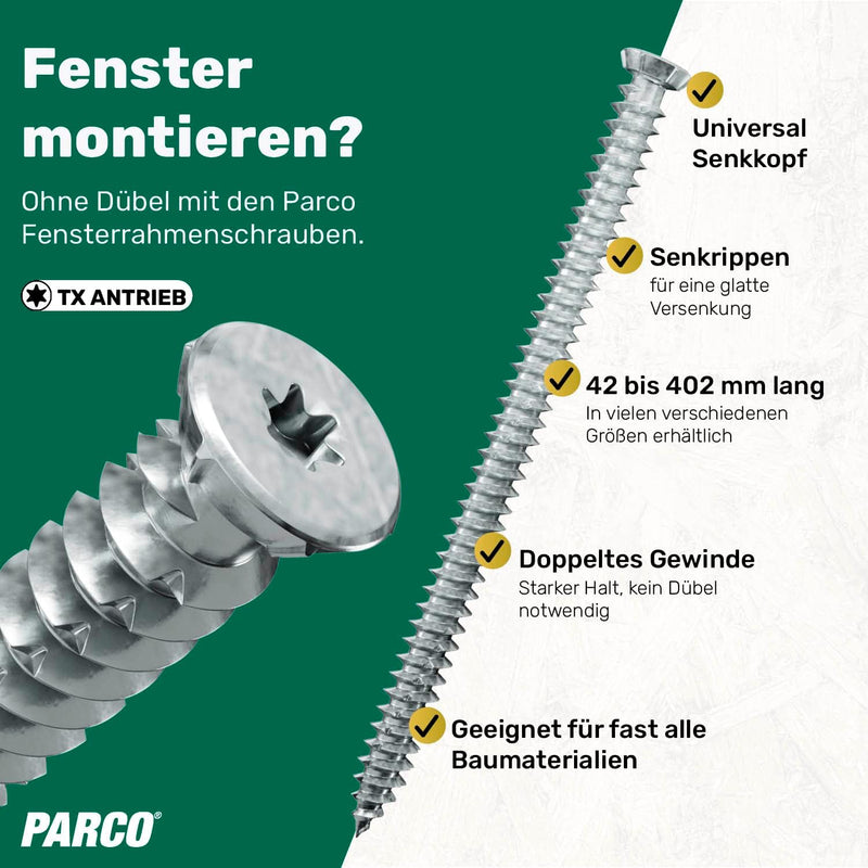 PARCO Fensterrahmenschrauben Universal 7,5x302 mm Senkkopf TX30 100 Stück 7,5 x 302 mm - 100 Stück,