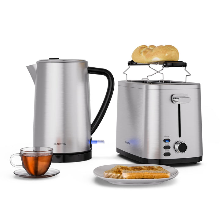 Klarstein Verosteel Toaster Wasserkocher Set - Edelstahl, 2 Scheiben Toaster mit 7 Bräunungsstufen &