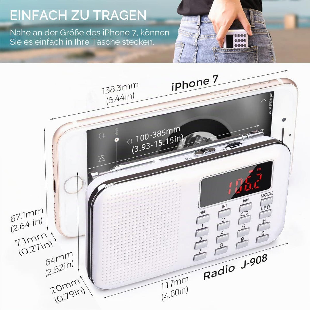 PRUNUS L-218AM Portables Mini Radio AM(MW)/UKW FM/TF Card/USB/MP3, 1200mAh Akku. Geschäfte und Sende