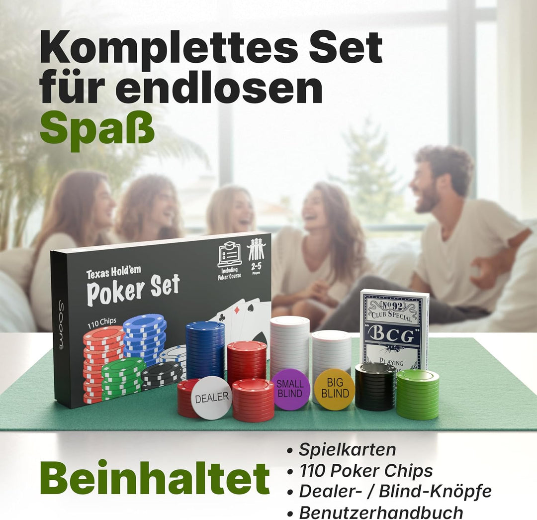 Pokerset in kompakter Grösse mit 110 Chips, Dealer Button, Big & Small Blind Buttons und Spielkarten