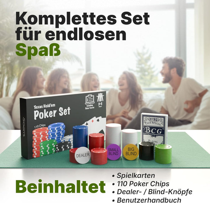 Pokerset in kompakter Grösse mit 110 Chips, Dealer Button, Big & Small Blind Buttons und Spielkarten