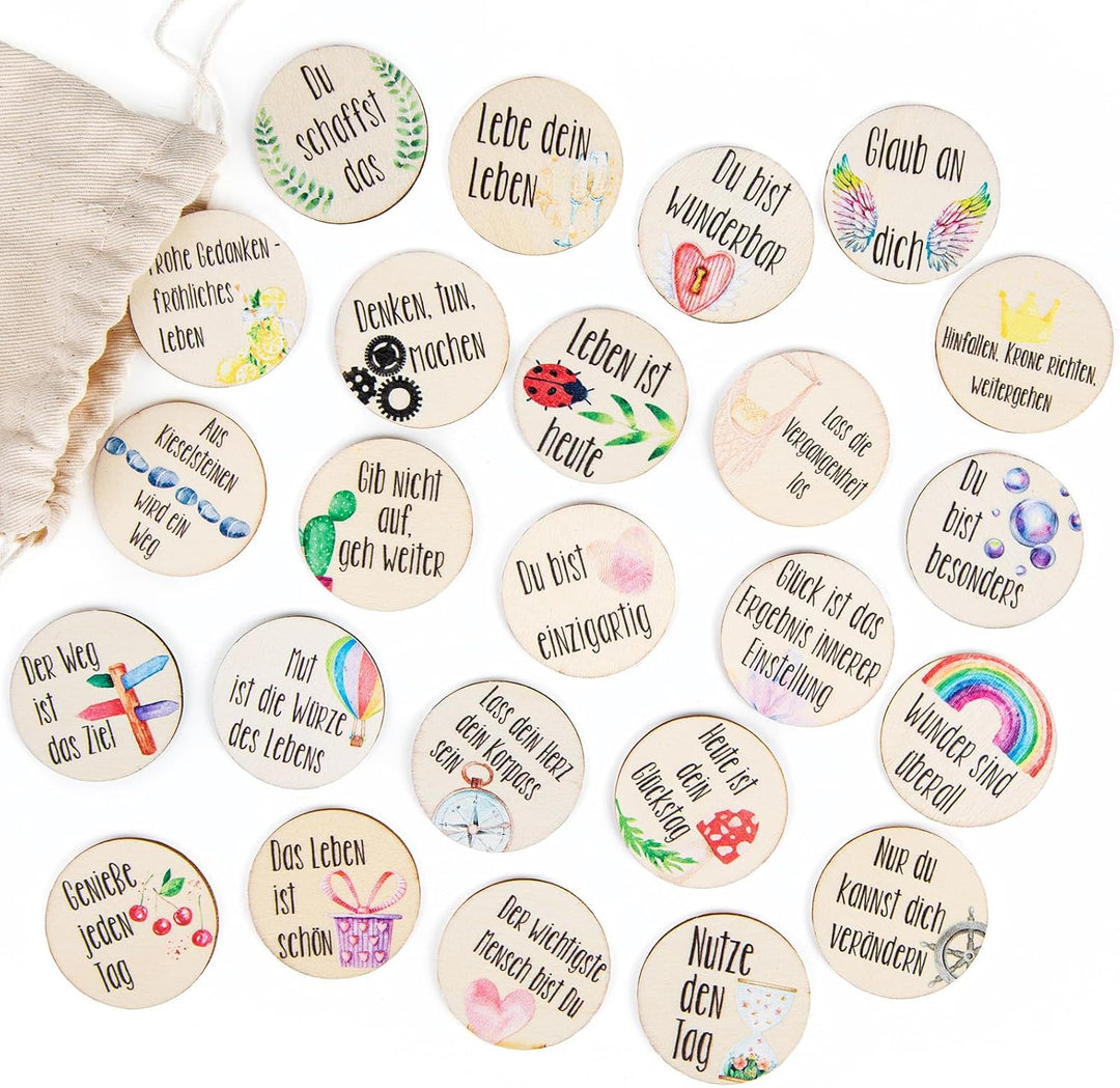 Kleine Holztaler mit Sprüchen, 24 Stück: Holz-Glückstaler Beschriftet, Motivationssteine-Set, Mit St