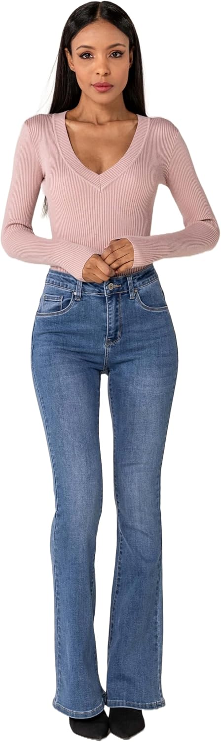 Nina Carter P212 Damen Tall Bootcut Jeans High Waist Schlaghosen Stretchjeans Jeanshosen Used-Look L