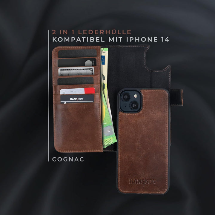 HANS/SON Lederhülle mit Kartenfächern | iPhone 14 | Echtleder | 6,1 Zoll | Schmal | Klapphülle | Sto