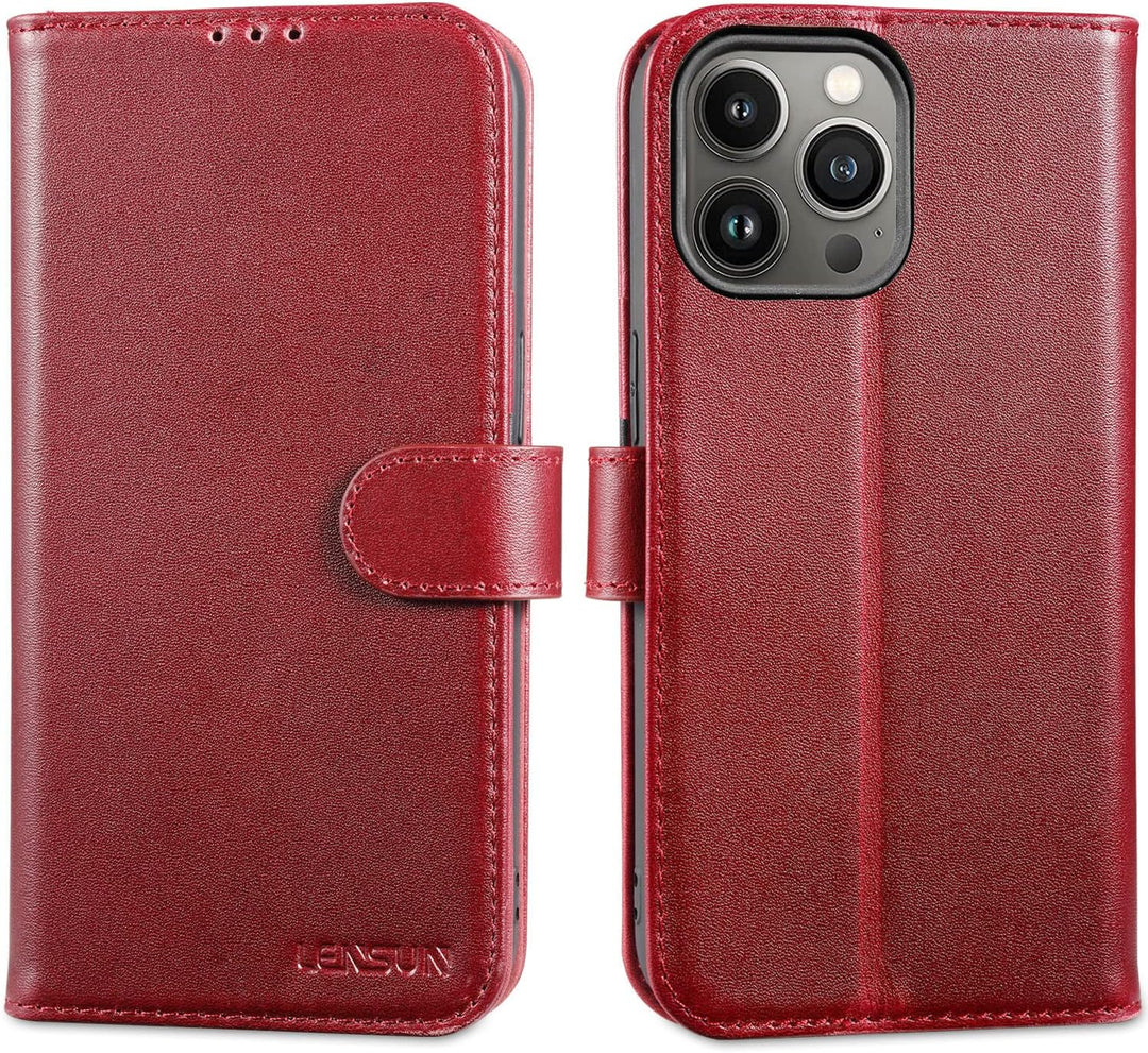 LENSUN Echtleder Hülle für iPhone 13 Pro, Handyhülle Flip Cover [Echtes Leder][Kartenfach][RFID Schu