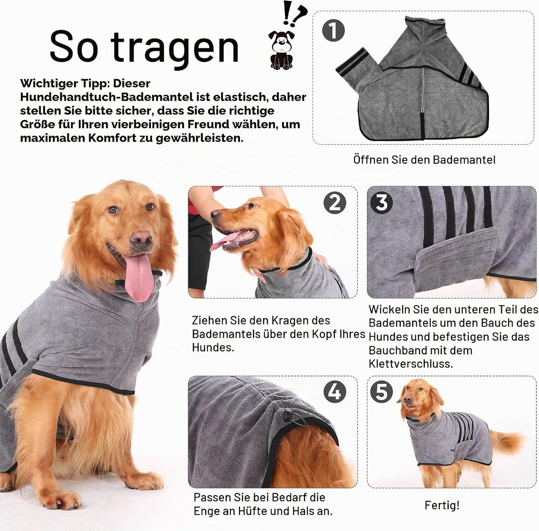 Bademantel für Hunde, Microtuch aus Mikrofaser für Mittelgrosse und grössere Tiere - Grau, Schnelles
