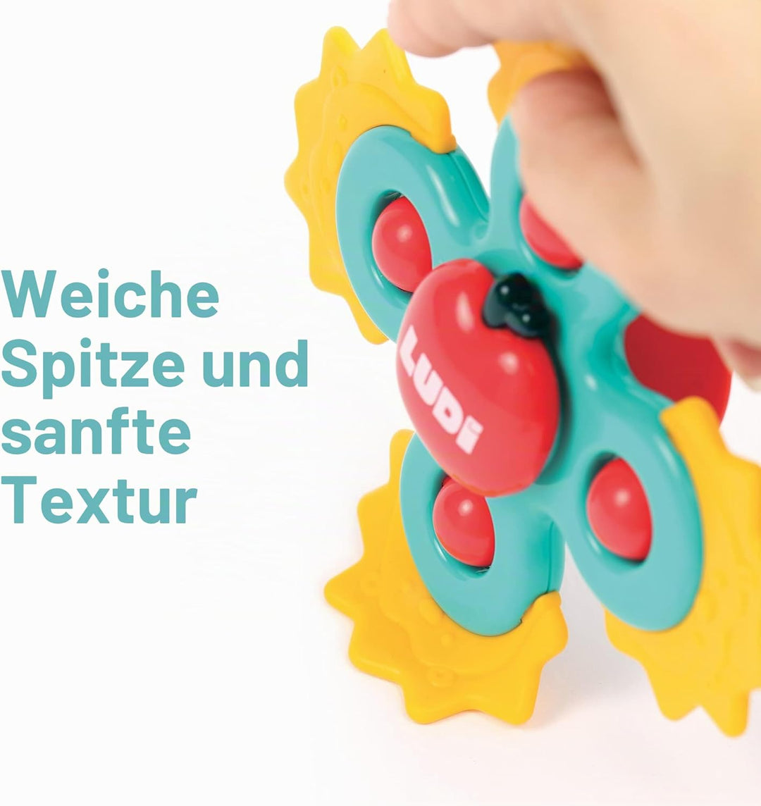 LUDI – Baby Hand Spinner – 3er Set mit Saugnäpfen – Rotierendes Spielzeug für Glatte Oberflächen – B