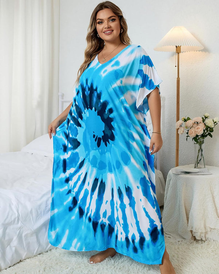 Bsubseach Lose Kaftan Kleider für Frauen Kurzarm Badeanzug Cover Up Casual Urlaub Outfits Blaue Wirb