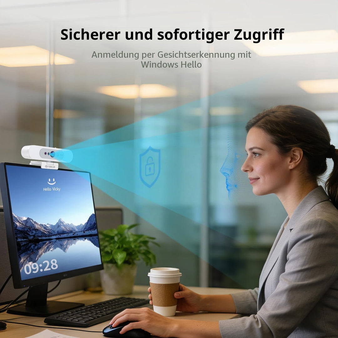 TOALLIN 4K UHD Webcam für PC, Windows Hello kompatible Kamera, Gesichtserkennung, Autofokus, integri