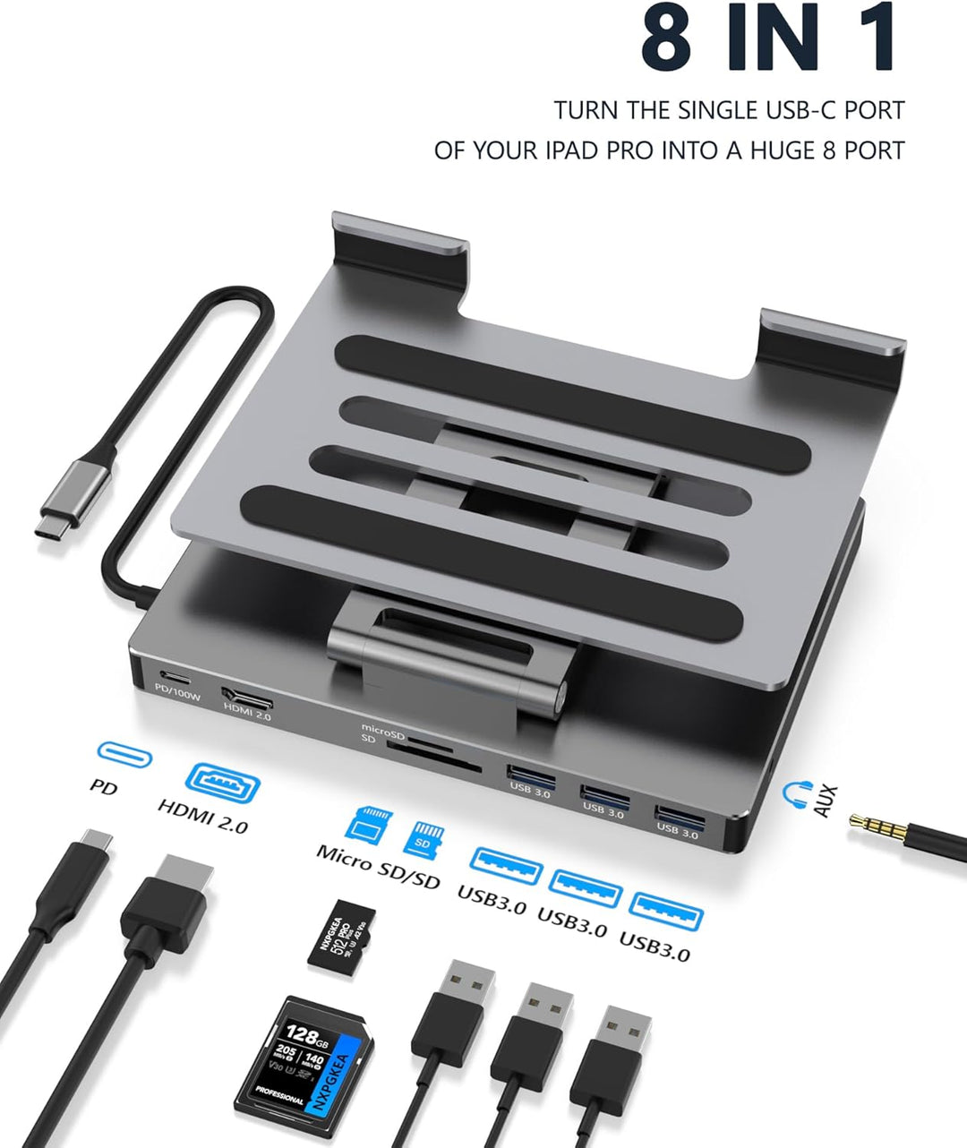 iPad Pro USB C Hub Stand, Adapter für iPad Pro M4 M2 M1 13 12.9 11 Zoll iPad Air Docking Station Fal