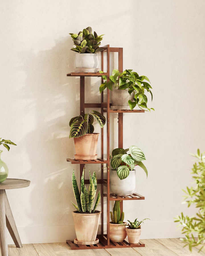 Bamworld Pflanzenregal 5 Ebenen Blumenständer Innen aus Bambus, Teebraun Grosses Blumentopf Ständer
