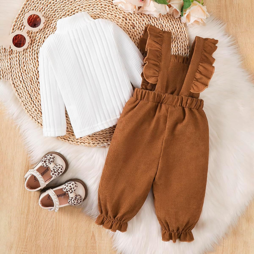 Baby Mädchen Kleidung Langarmshirt Stehkragen Rüschen Cordhose Trägern | Outfit für Mädchen Bestehen