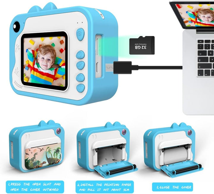 Ukuu KinderKamera 2,4 Zoll Bildschirm Print Sofortbildkamera für Kinder 1080P Digitalkamera mit 3 Ro