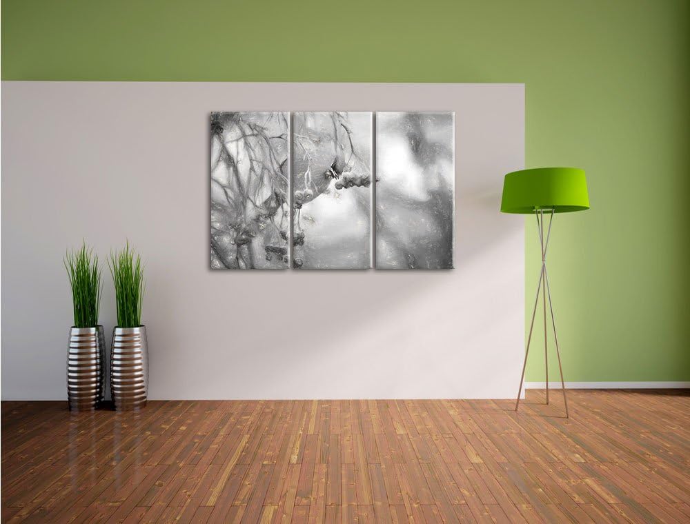 Pixxprint Kleiner Vogel im Vogelbeerbaum Kohle Zeichnung Effekt 3-Teiler Leinwandbild 120x80 Bild au